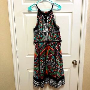 Oleg Cassini Vintage Colorful Halter-style Dress Elastic Waist w/Belt Size 10